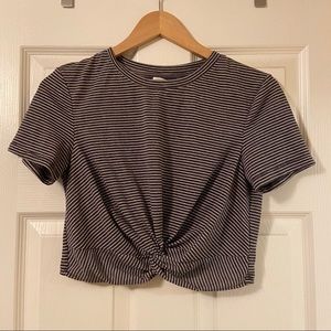 Striped grey and white twisted tie crop top